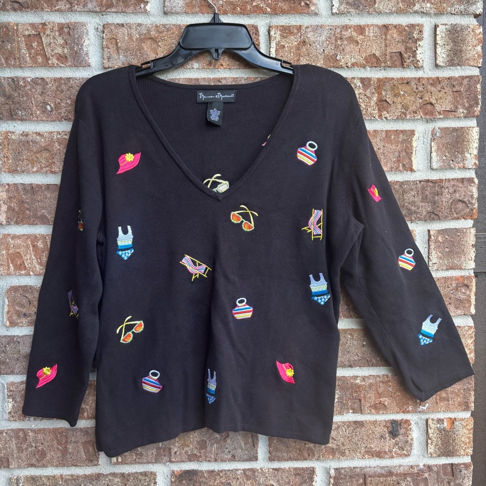 mercer & madison Black V-Neck Sweater with Colorful beach Embroidery